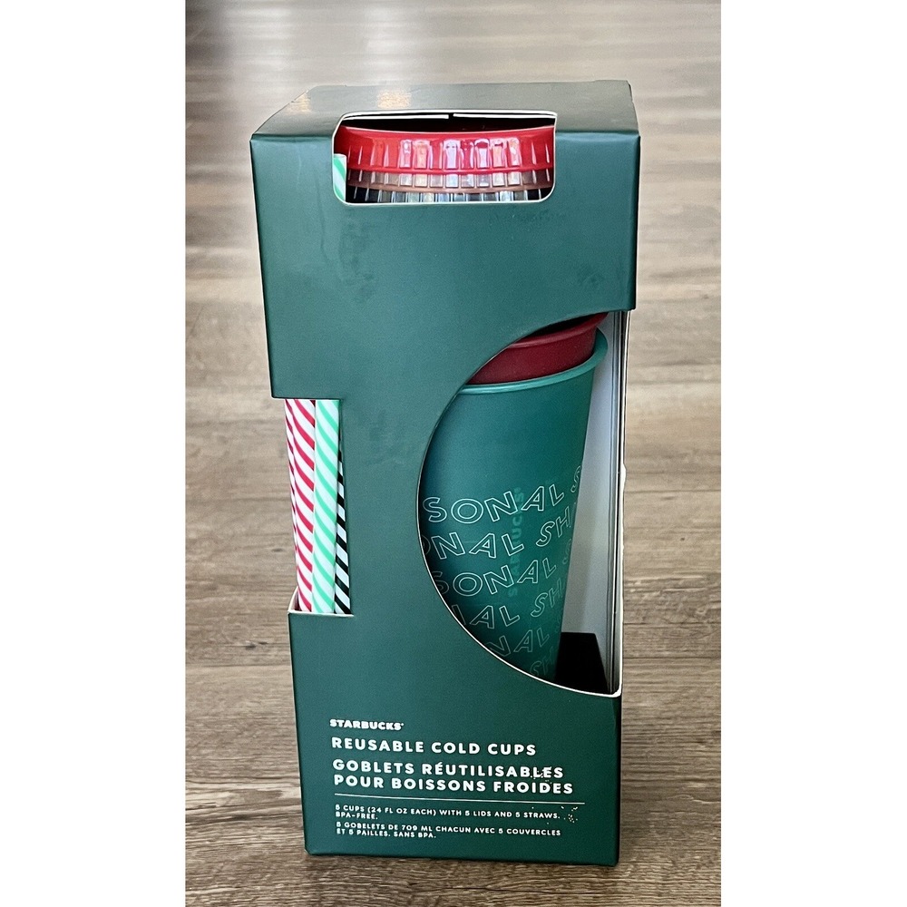 Starbucks 5 Reusable Cold Holiday Cups With Lids And Straws Christmas Red